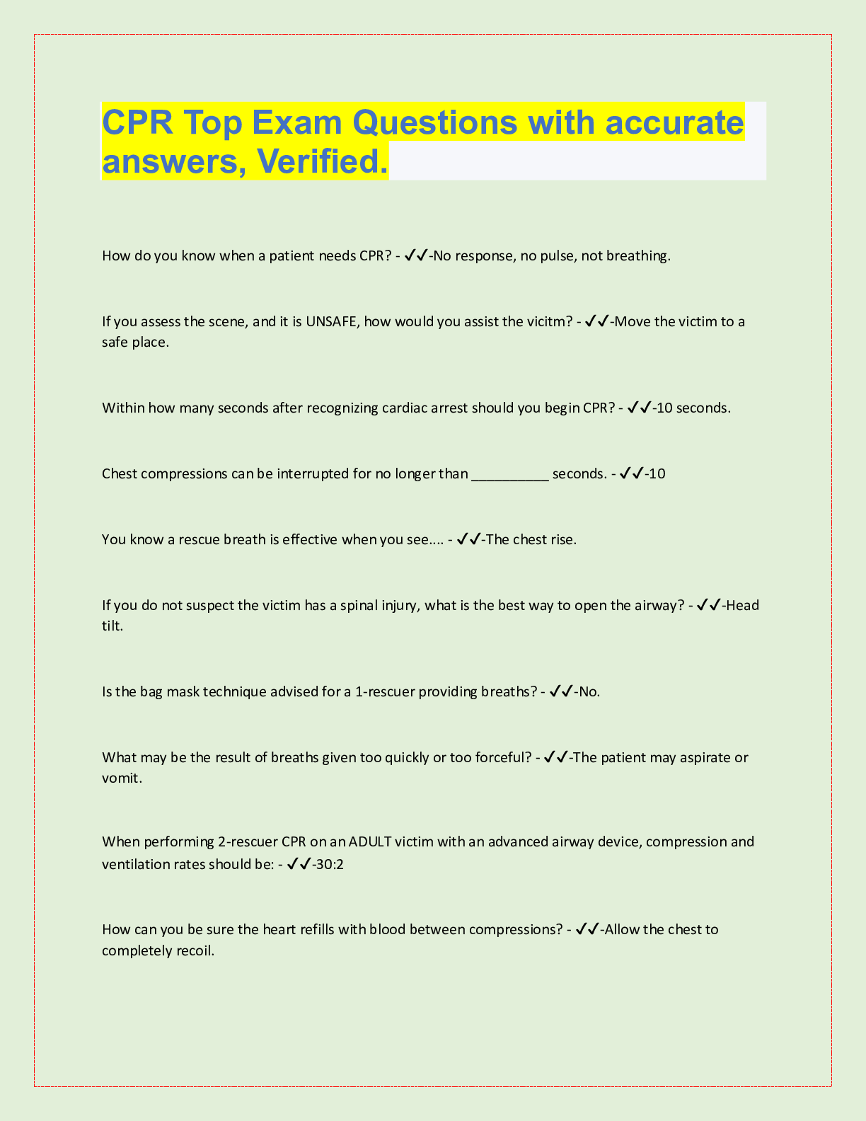 Preview image for CPR Top Exam Questions with accurate  answers, Verified. How do you know wh
